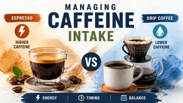 A stylized 3D render comparing espresso and drip coffee caffeine content with clean typographic labels.