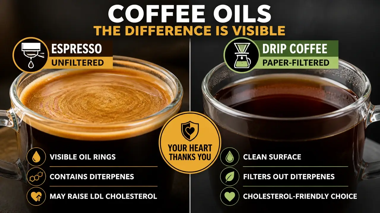 Macro shot showing oily espresso surface versus clear paper-filtered drip coffee