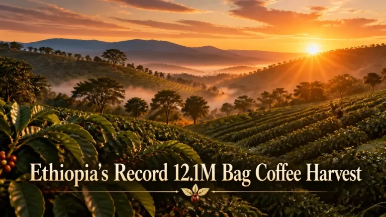 Golden hour over Ethiopian coffee terraces with headline 'Ethiopia's Record 12.1M Bag Coffee Harvest' overlaid, symbolizing production growth.