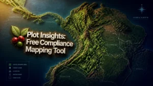 Cartographic background with bold typography reading 'Plot Insights: Free Compliance Mapping Tool' for EUDR coffee article.