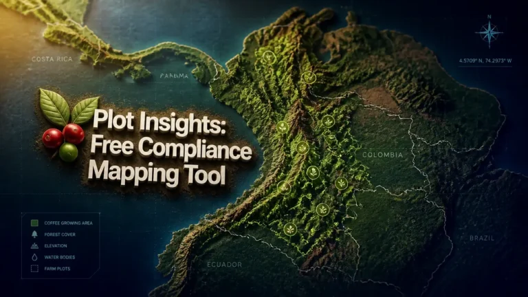 Cartographic background with bold typography reading 'Plot Insights: Free Compliance Mapping Tool' for EUDR coffee article.
