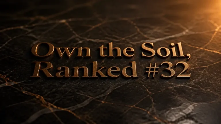 Bronze embossed headline 'Own the Soil, Ranked #32' on dark marble, celebrating 787 Coffee's farm-to-cup ranking.