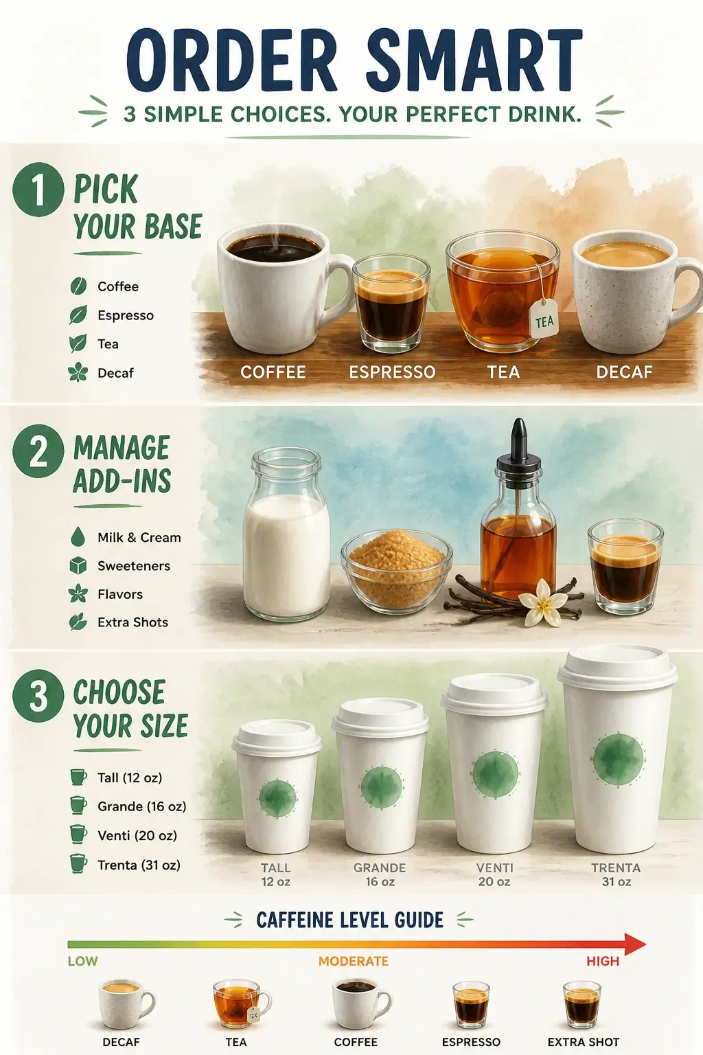 Infographic showing how to order Frappuccinos with different bases, add-ins, and sizes to control caffeine levels.
