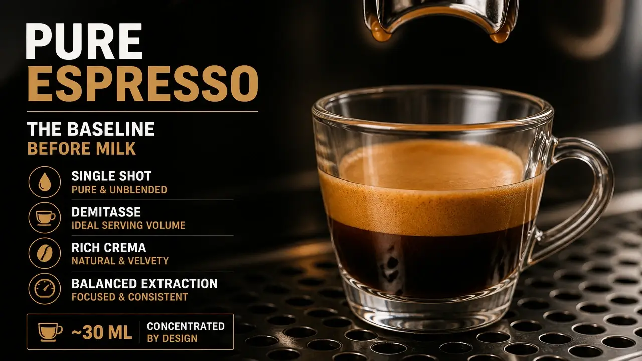 Close up of a freshly pulled espresso shot with rich golden crema in a white demitasse cup.