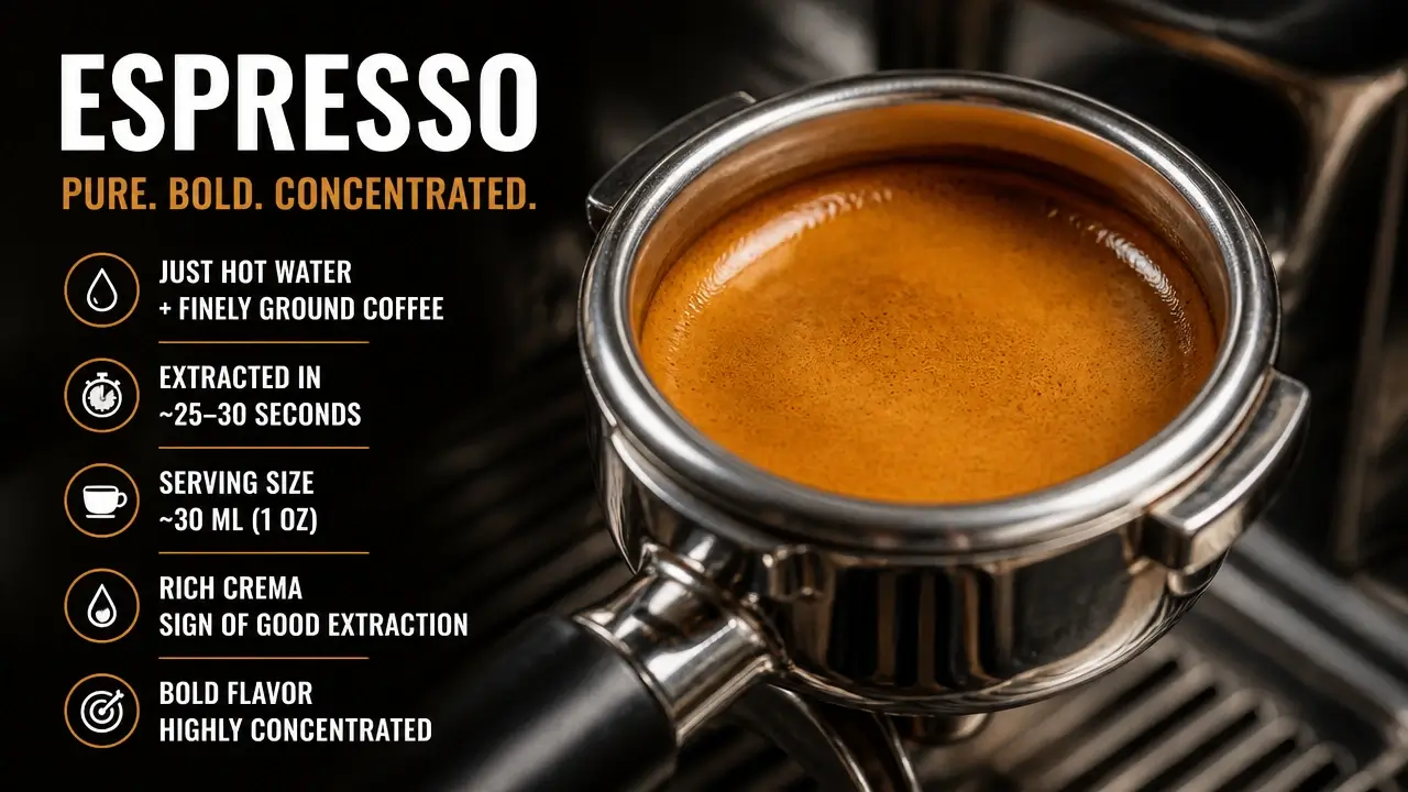 Close up of a freshly pulled espresso shot with rich golden crema in a portafilter.