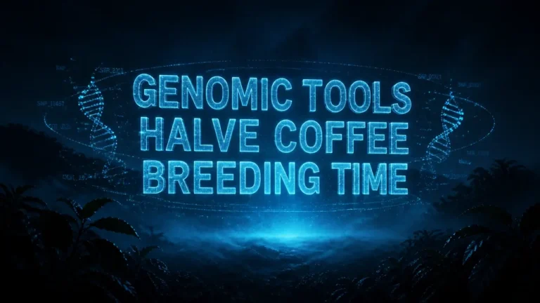 Holographic typography reading 'Genomic Tools Halve Coffee Breeding Time' in a misty dark atmosphere, representing genomic coffee breeding innovation by WCR