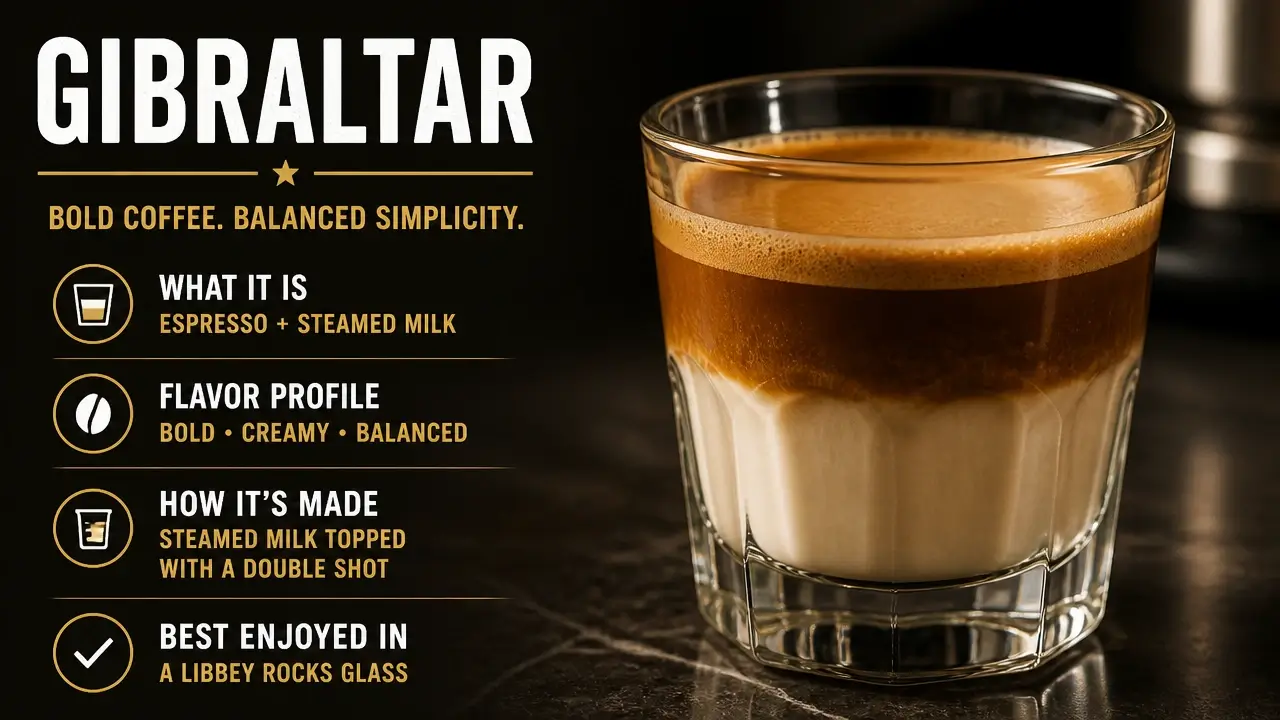 A fresh Gibraltar coffee served in a Libbey rocks glass showing layered espresso and milk
