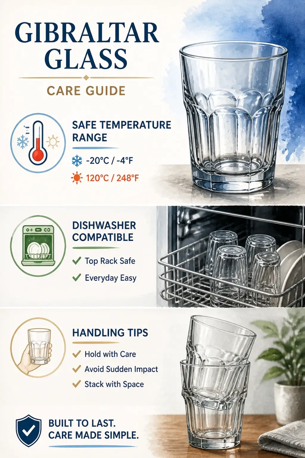 Infographic showing temperature safety, dishwasher tips, and handling instructions for Gibraltar glass.