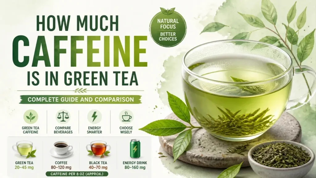 Professional 3D rendering of a green tea cup next to a modern caffeine infographic, highlighting green tea caffeine content.