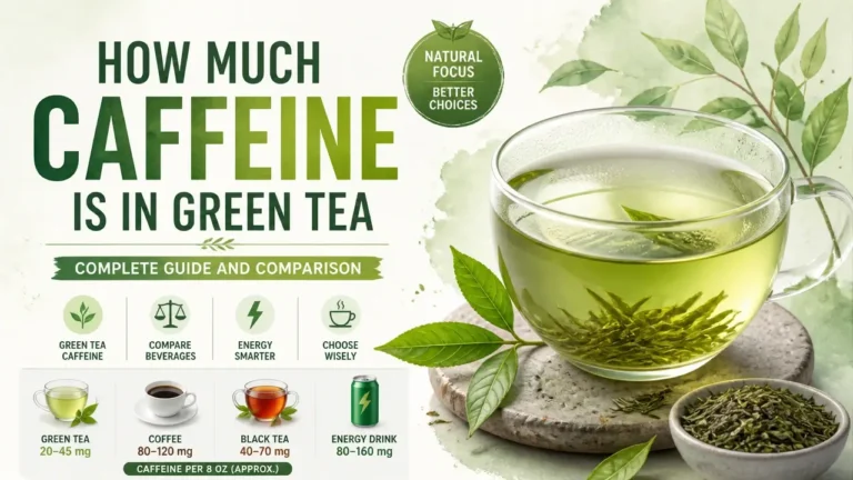Professional 3D rendering of a green tea cup next to a modern caffeine infographic, highlighting green tea caffeine content.
