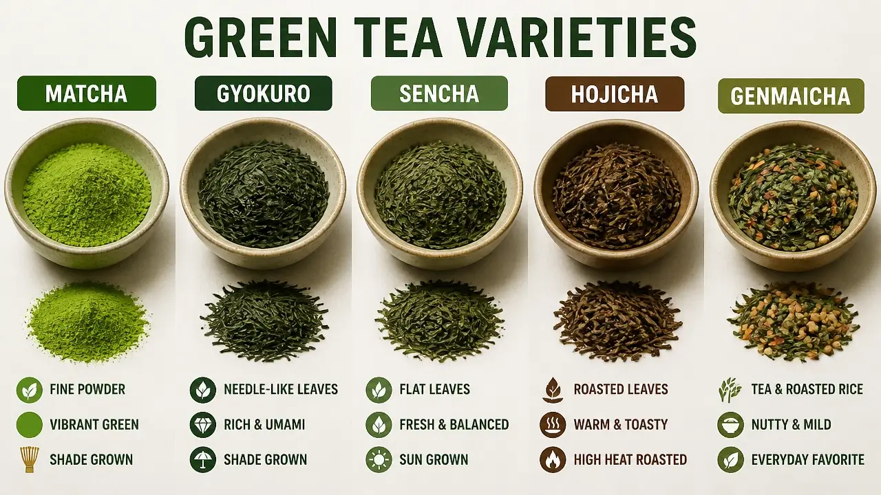 Top view of Matcha Gyokuro Sencha Hojicha and Genmaicha tea leaves