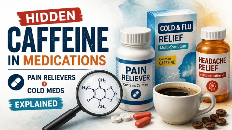 3D render showing pills and coffee beans representing hidden caffeine in medications