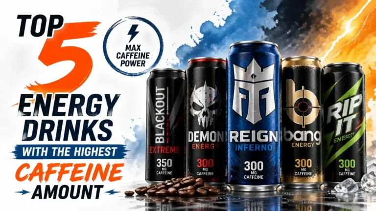 A professional 3D infographic of the top 5 highest caffeine energy drinks featuring vibrant watercolor textures and bright studio lighting.