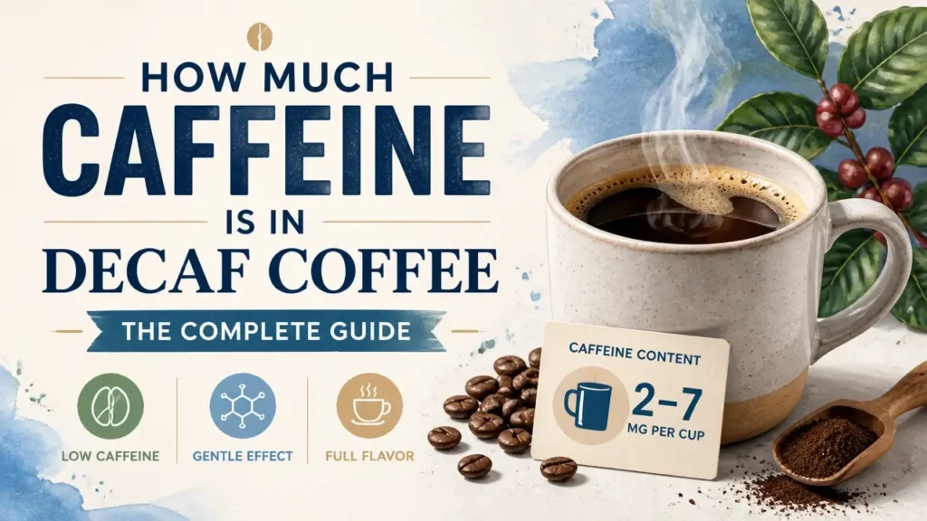 A stylized 3D render of a coffee cup with a infographic overlay explaining how much caffeine in decaf coffee.