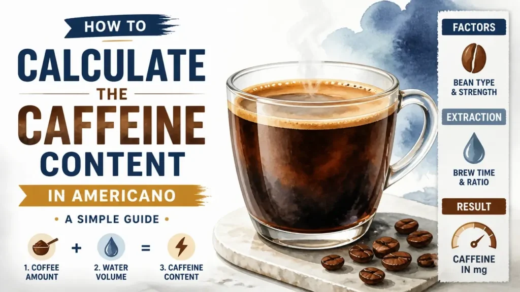 A stylized, hyper-realistic 3D rendering of an Americano coffee with an infographic overlay illustrating how to calculate caffeine content.
