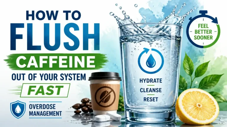 A professional 3D watercolor style infographic showing a glass of water flushing away a coffee bean icon to illustrate how to flush caffeine out of your system.