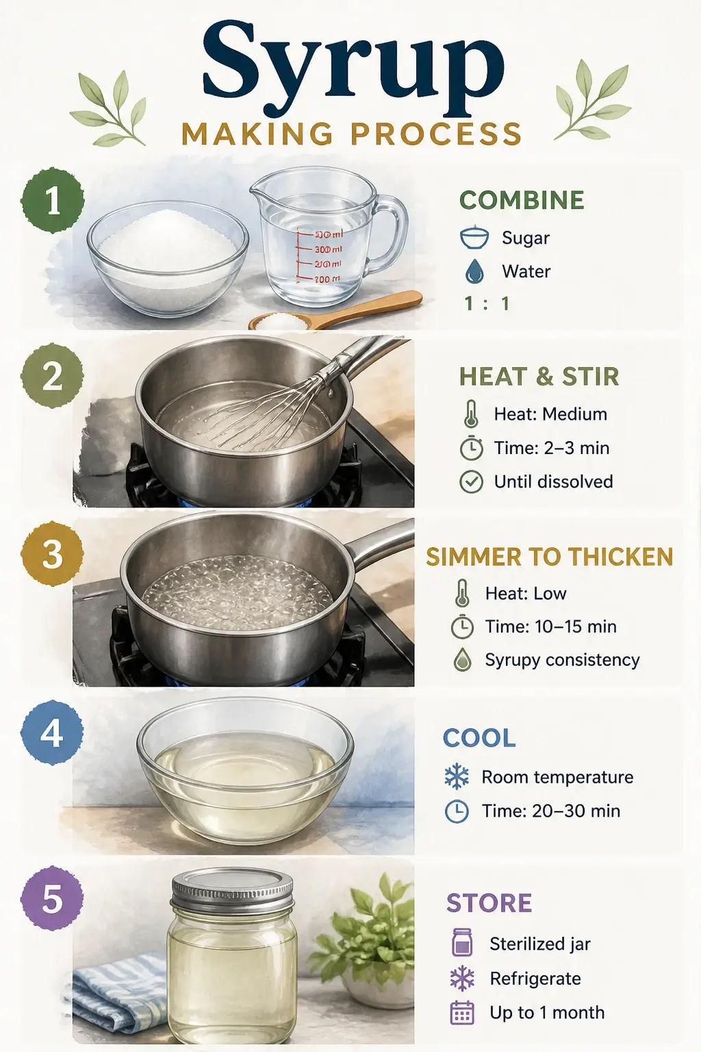 An infographic showing the steps to make brown sugar syrup including heating and storing
