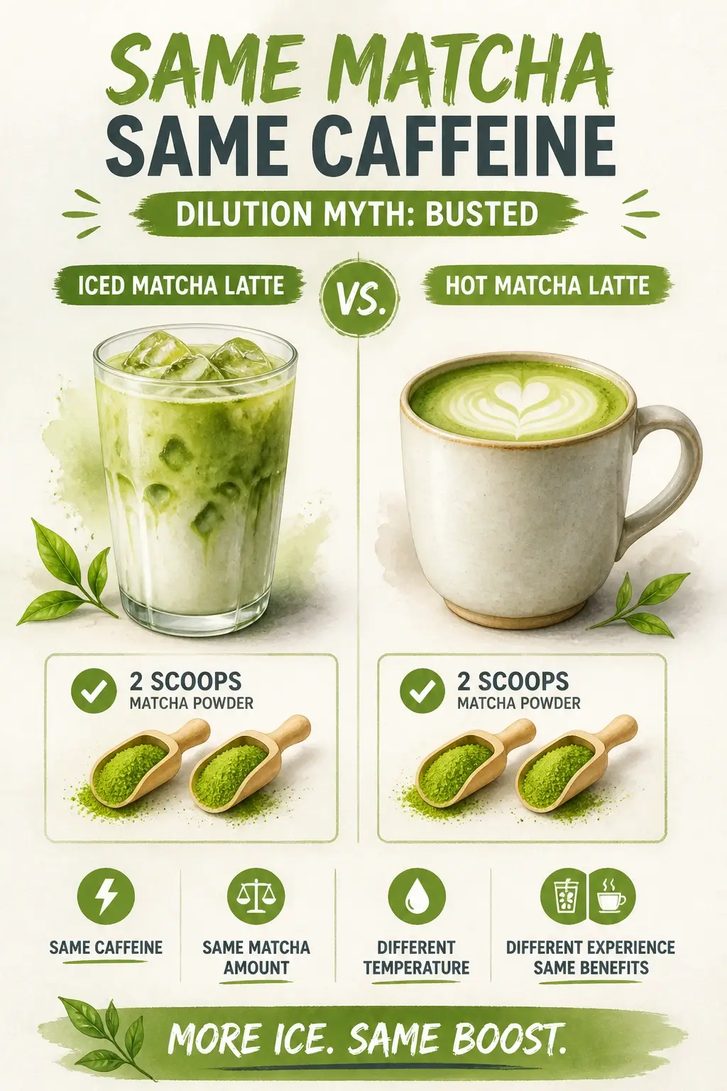An infographic showing equal caffeine in iced and hot matcha lattes by comparing matcha powder scoops.