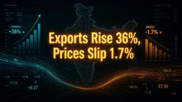 Glowing amber typography on dark abstract data visualization with floating numbers and charts representing India coffee exports rising while prices soften.