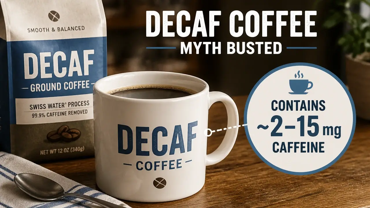 A cup of decaf coffee showing a label with an infographic bubble noting it contains 2 to 15 mg of caffeine.
