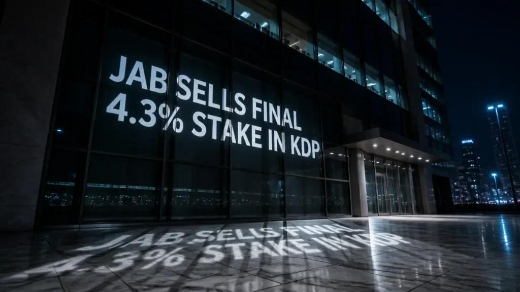 Projected typography on a glass building announcing JAB's sale of 4.3% stake in Keurig Dr Pepper at night