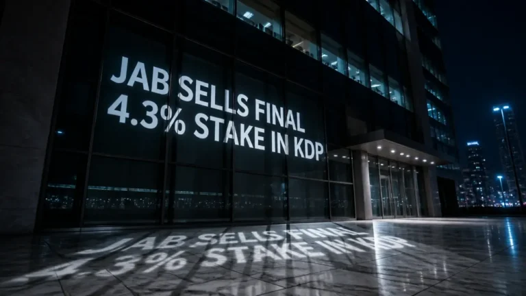 Projected typography on a glass building announcing JAB's sale of 4.3% stake in Keurig Dr Pepper at night