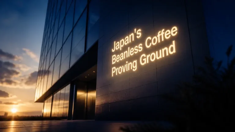 Projected typography on a modern building facade at dusk, representing the beanless coffee market expansion in Japan with Coca-Cola and Asahi.
