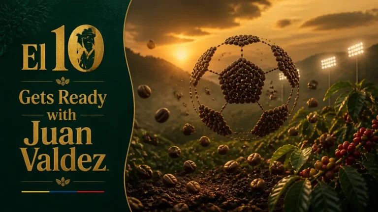 Split composition with gold typography 'El 10 Gets Ready with Juan Valdez' on green background and a golden-hour Colombian coffee farm scene with soccer ball pattern made of coffee beans