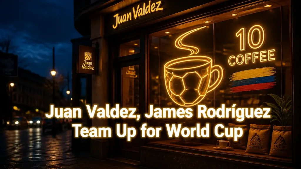 Neon-lit storefront with coffee and soccer symbols, overlaid with headline about Juan Valdez and James Rodríguez World Cup partnership