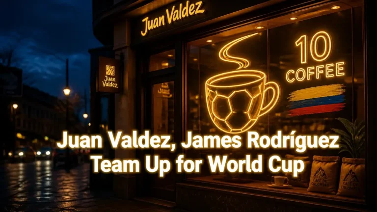 Neon-lit storefront with coffee and soccer symbols, overlaid with headline about Juan Valdez and James Rodríguez World Cup partnership