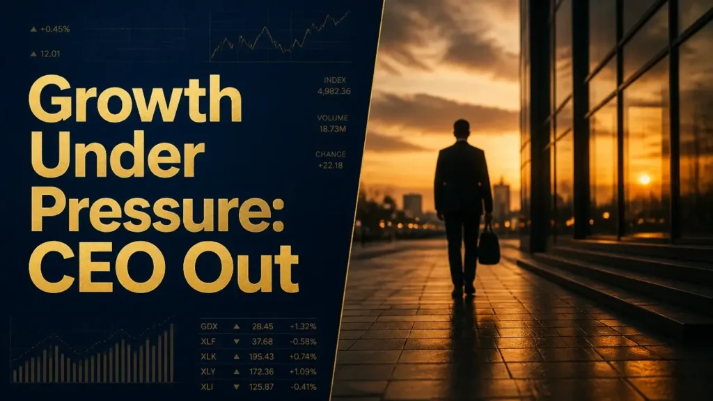 Split image contrasting gold typography reading 'Growth Under Pressure: CEO Out' with blurred silhouette walking from glass office building at sunset, illustrating Juan Valdez global strategy shift
