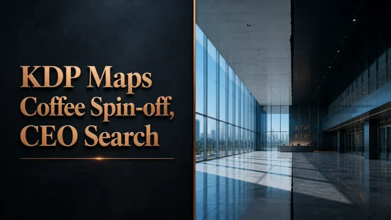 Split composition with bronze typography 'KDP Maps Coffee Spin-off, CEO Search' on dark left side and empty corporate atrium with cool blue light on right