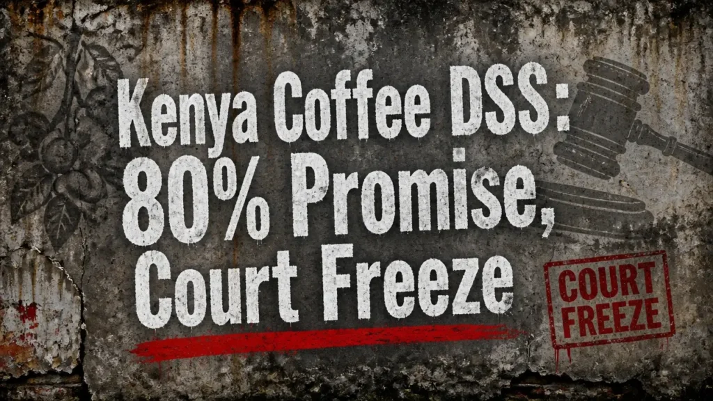 Kenya coffee reforms hinge on contested DSS 7 Weathered concrete wall with chalk text 'Kenya Coffee DSS: 80% Promise, Court Freeze' and faint stenciled coffee cherry, representing contested reforms