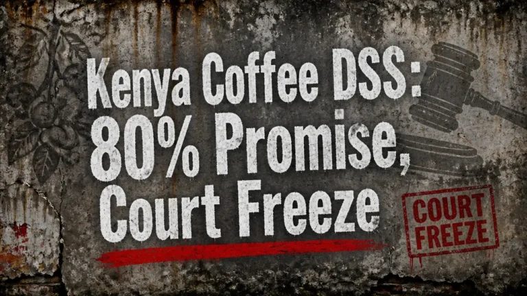 Weathered concrete wall with chalk text 'Kenya Coffee DSS: 80% Promise, Court Freeze' and faint stenciled coffee cherry, representing contested reforms