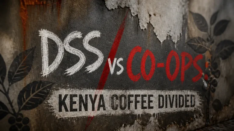 Chalk text 'DSS vs Co-ops' on a weathered wall, symbolizing the tense Kenya coffee revival conflict over direct payments and cooperative control.