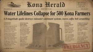 Vintage newspaper front page with headline 'Water Lifelines Collapse for 500 Kona Farmers' about Kona coffee earthquake destroying water systems.