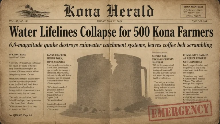 Vintage newspaper front page with headline 'Water Lifelines Collapse for 500 Kona Farmers' about Kona coffee earthquake destroying water systems.