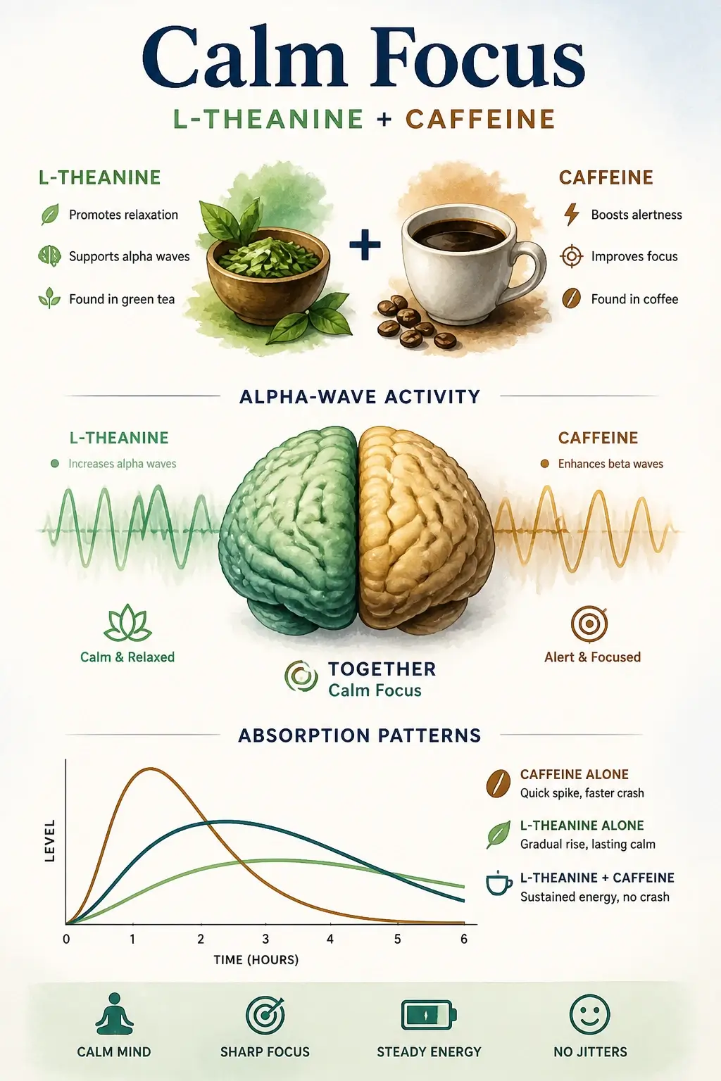 An infographic showing the synergy between L-theanine and caffeine for calm focus and alpha wave activity