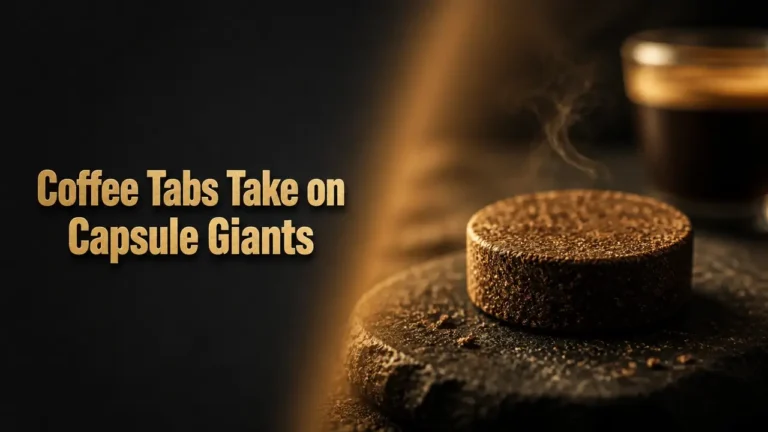 Split composition with bold typography 'Coffee Tabs Take on Capsule Giants' and moody close-up of a coffee tablet, symbolizing Lavazza Tabli's challenge to U.S. pod market.