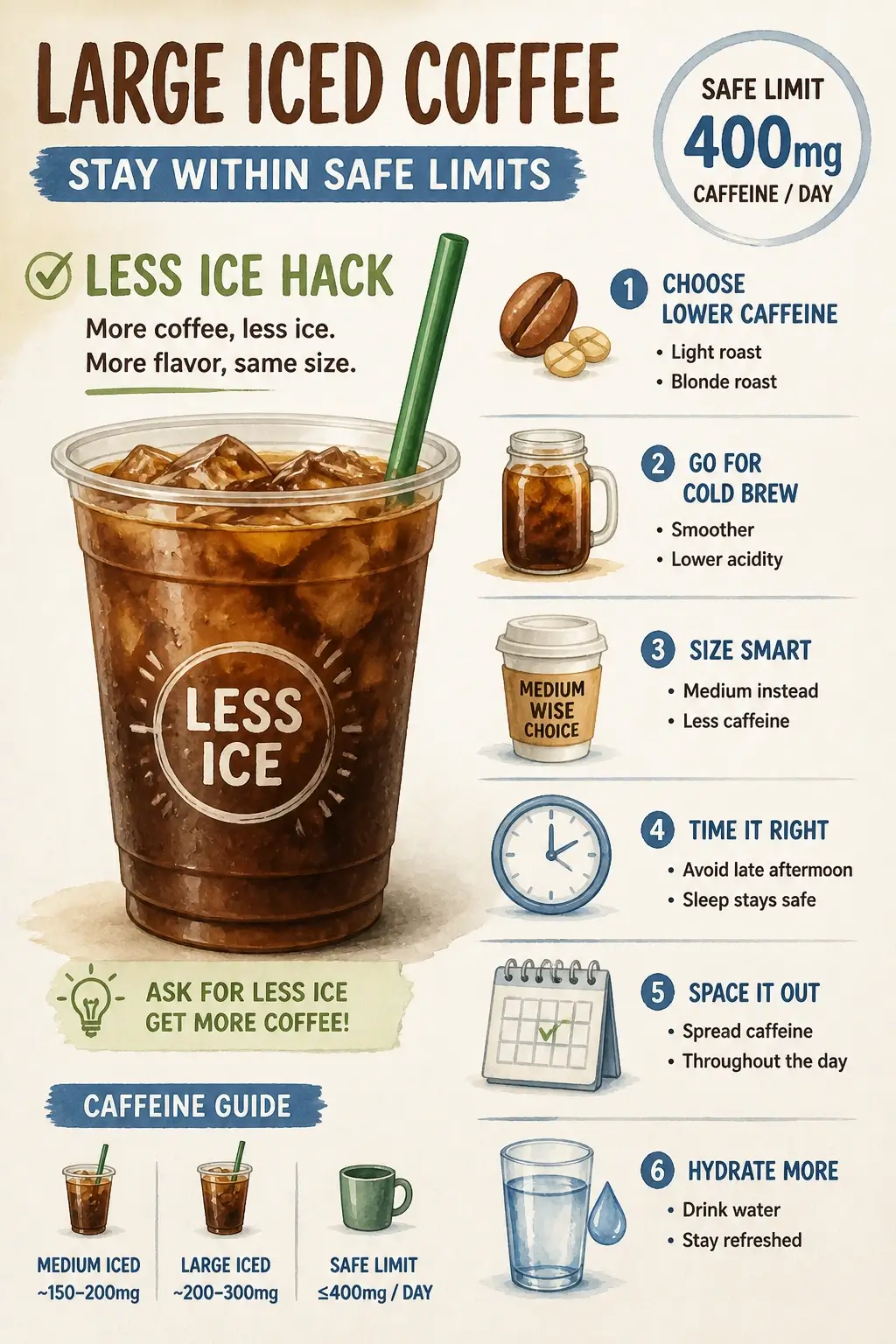 An infographic showing the less ice hack to manage caffeine intake in large iced coffees