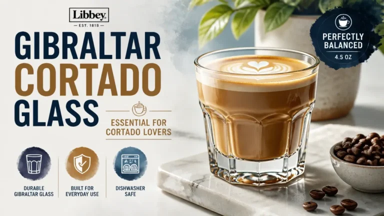 A stylized hyper-realistic 3D rendering of a Libbey Gibraltar cortado glass with watercolor textures.