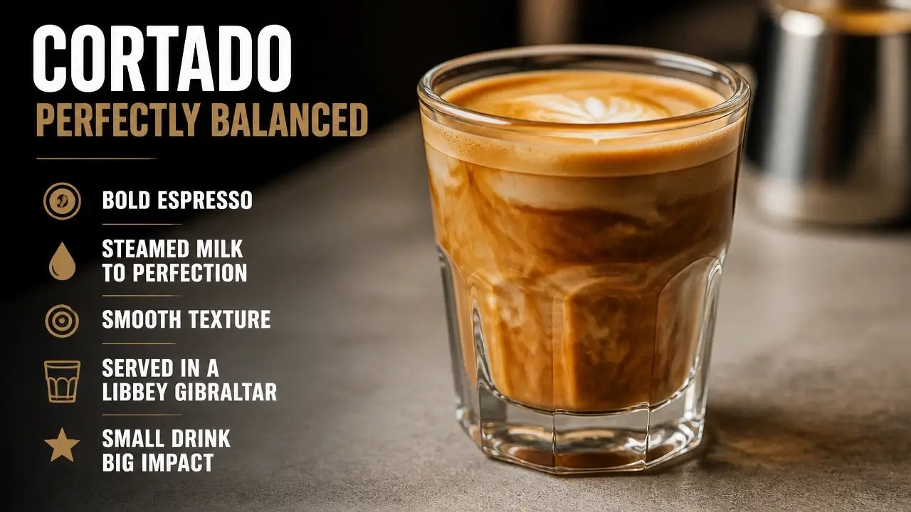 Freshly poured espresso cortado in a clear Libbey Gibraltar glass
