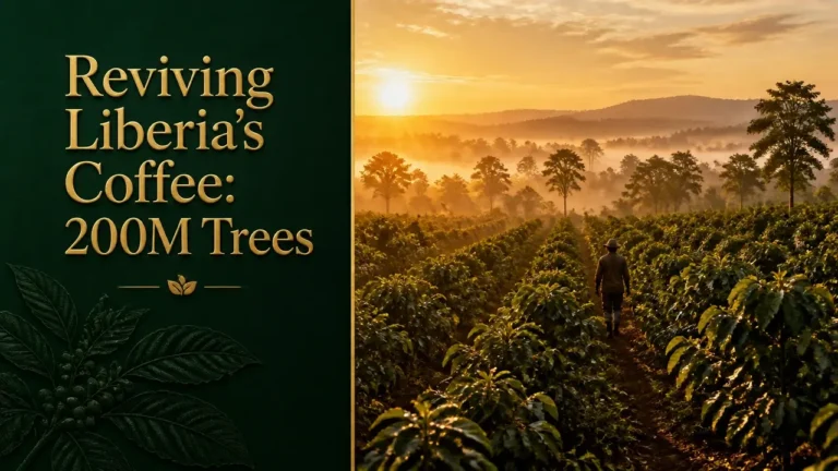 Split composition with typography 'Reviving Liberia's Coffee: 200M Trees' on left and golden hour coffee plantation on right, symbolizing Liberia coffee partnership.