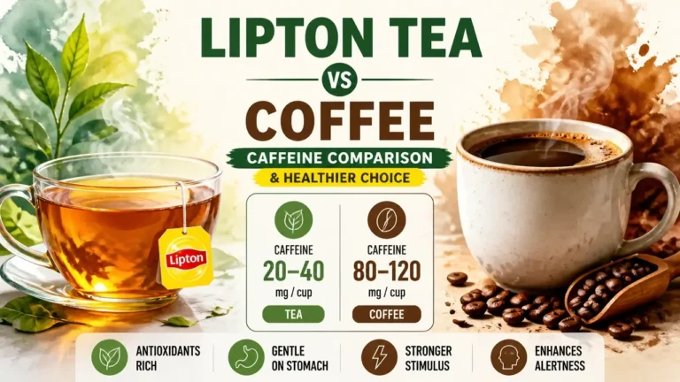 A stylized 3D rendered comparison of Lipton tea and coffee highlighting caffeine levels and health benefits.