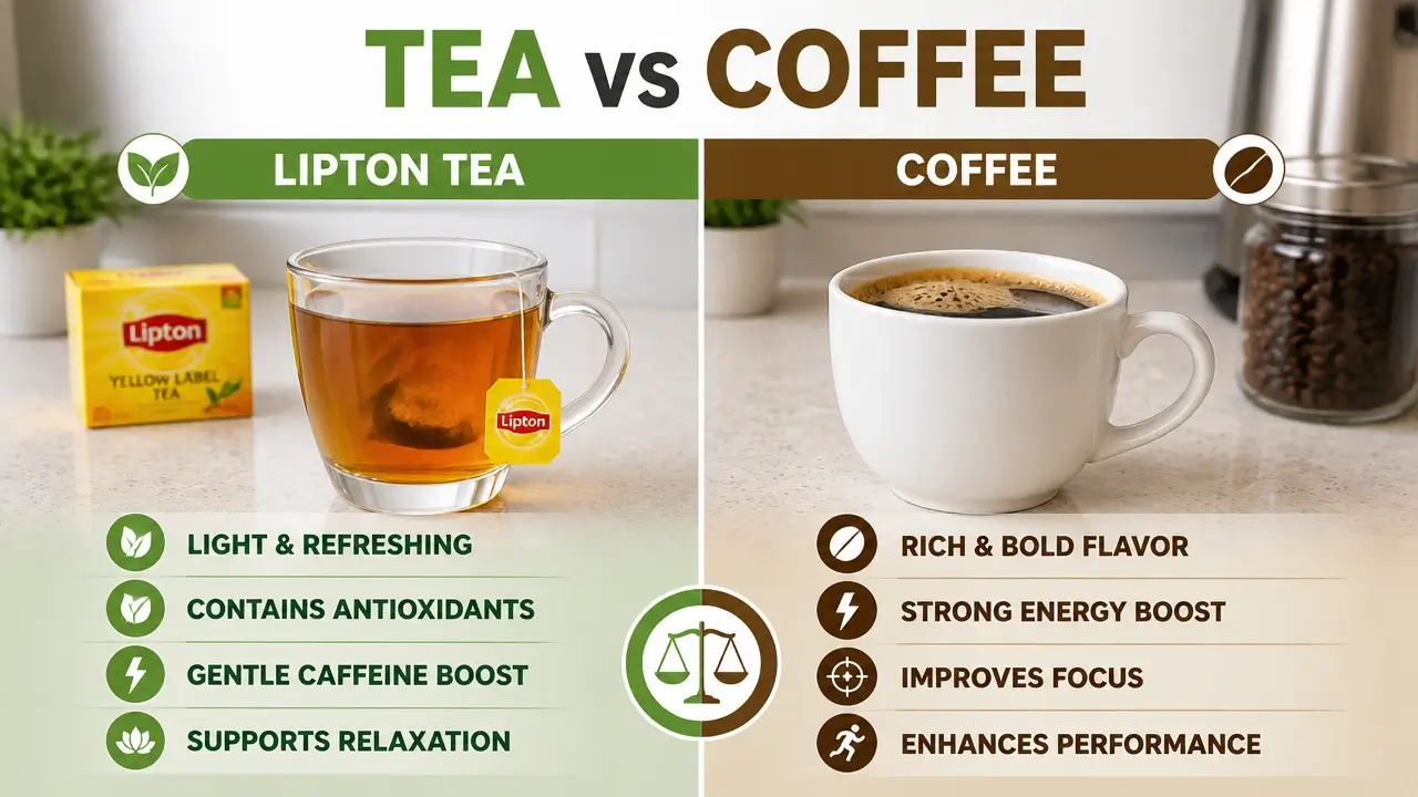 Lipton tea and coffee mug side by side on kitchen counter