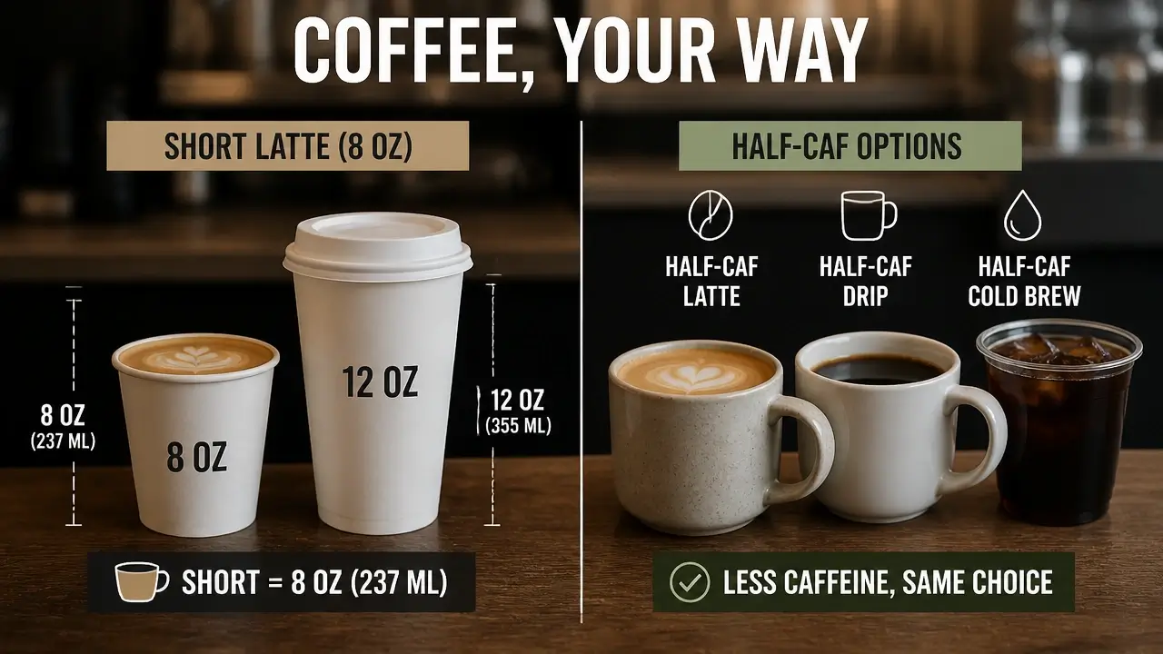Starbucks Caffeine Amounts Decoded: Every Drink, Every Size, Every Customization 6 Comparison of a short 8 oz latte and a half-caf coffee drink