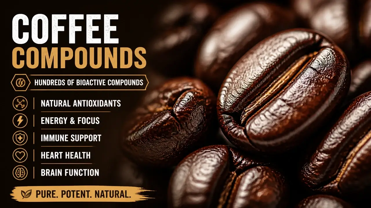 Macro view of roasted coffee beans showing oil texture and bioactive compounds.