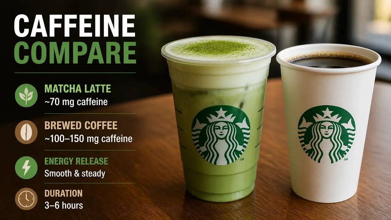 A Starbucks matcha latte beside a cup of coffee for a caffeine comparison
