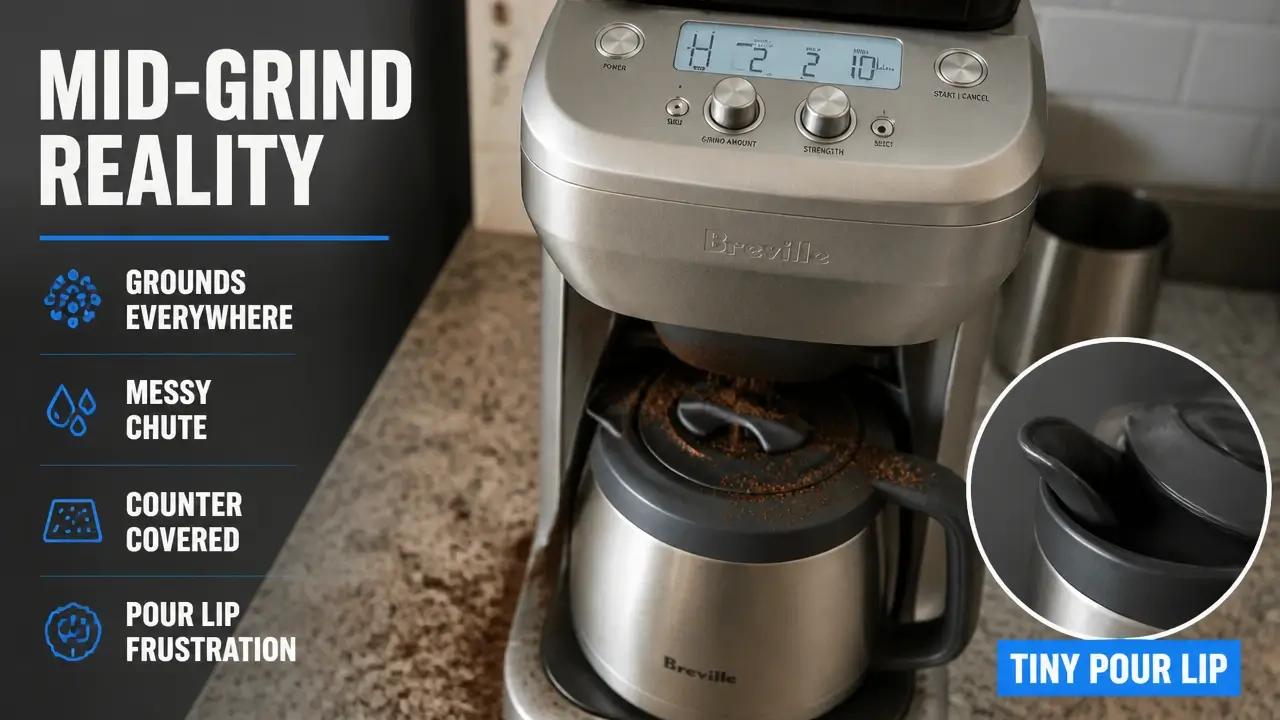 Coffee grounds spilled on counter from messy coffee maker grinder