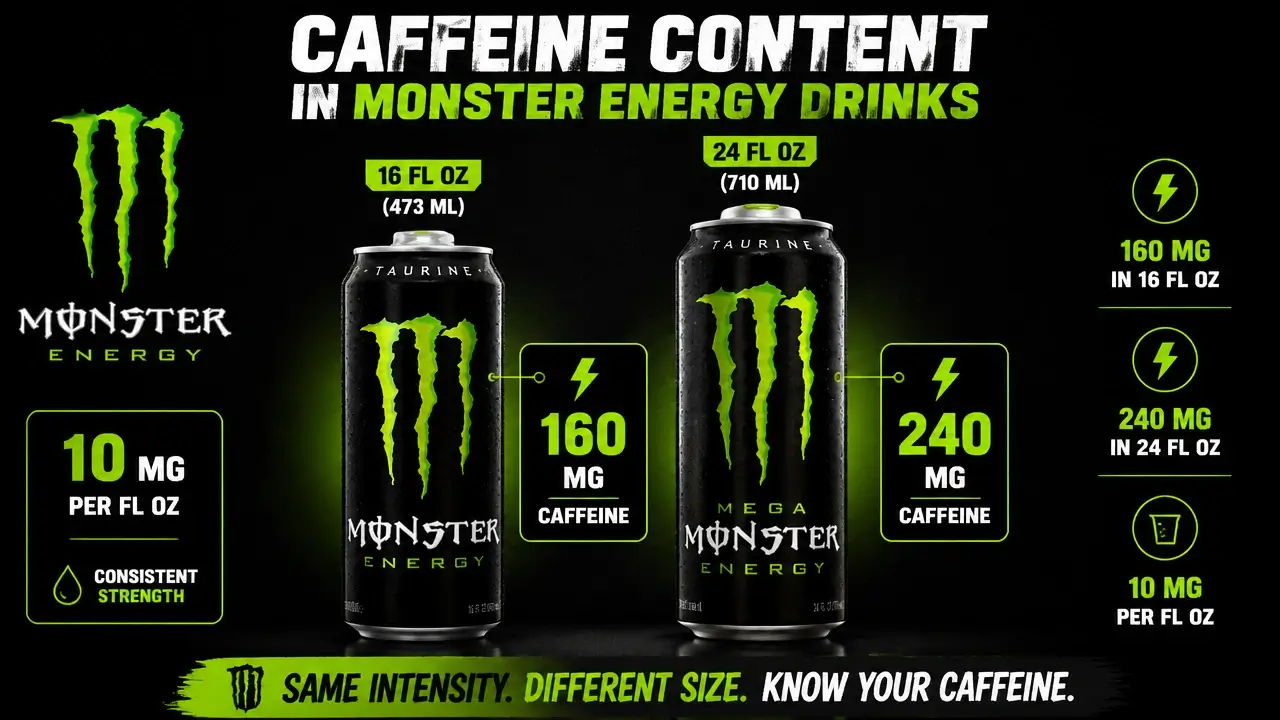 Comparison of 16oz and 24oz Monster Energy drink cans showing caffeine content labels.